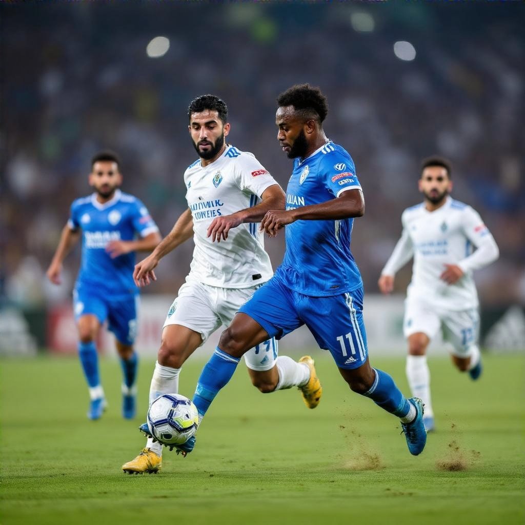 Al-Hilal vs Al-Khaleej match. Soccer players in action during the Saudi League showdown.