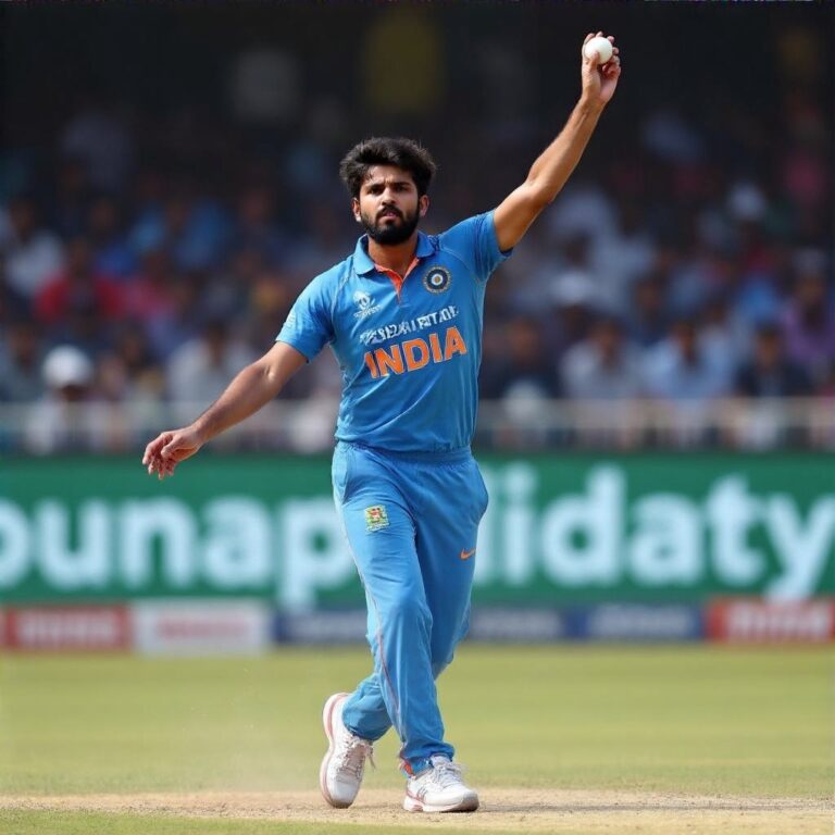 Arshdeep Singh bowls during a cricket match, focused and determined, representing India's future.