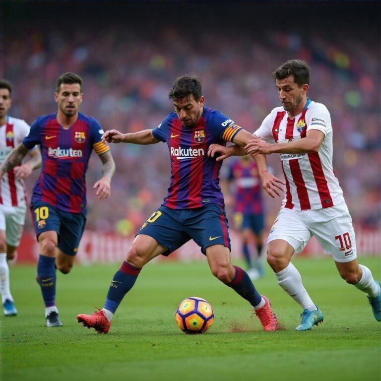 Barcelona vs Celta Vigo match: Action shot of players battling for the ball on the field.