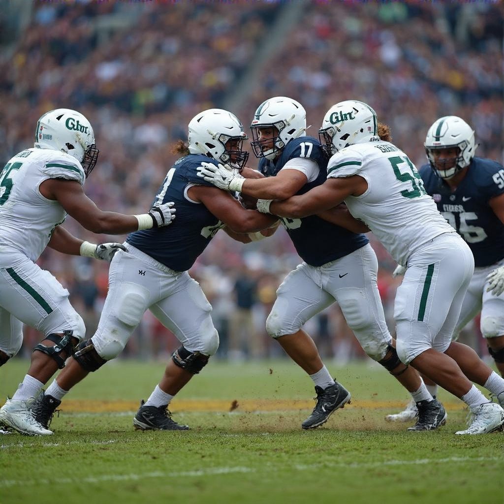 Intense BGR vs FCS football game; players clashing on the field during a pivotal play.