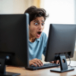 CBSE result 2025 update: A student looking shocked at their computer screen, awaiting results.