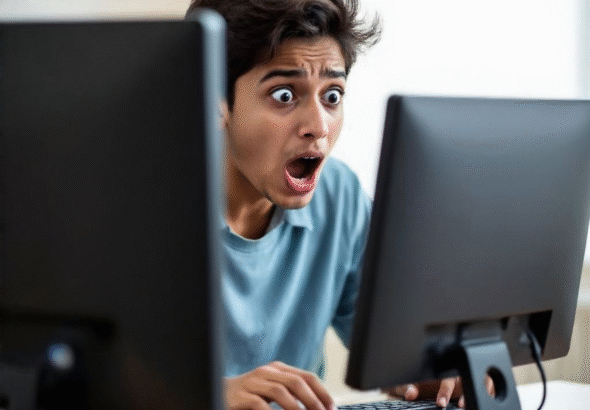 CBSE result 2025 update: A student looking shocked at their computer screen, awaiting results.
