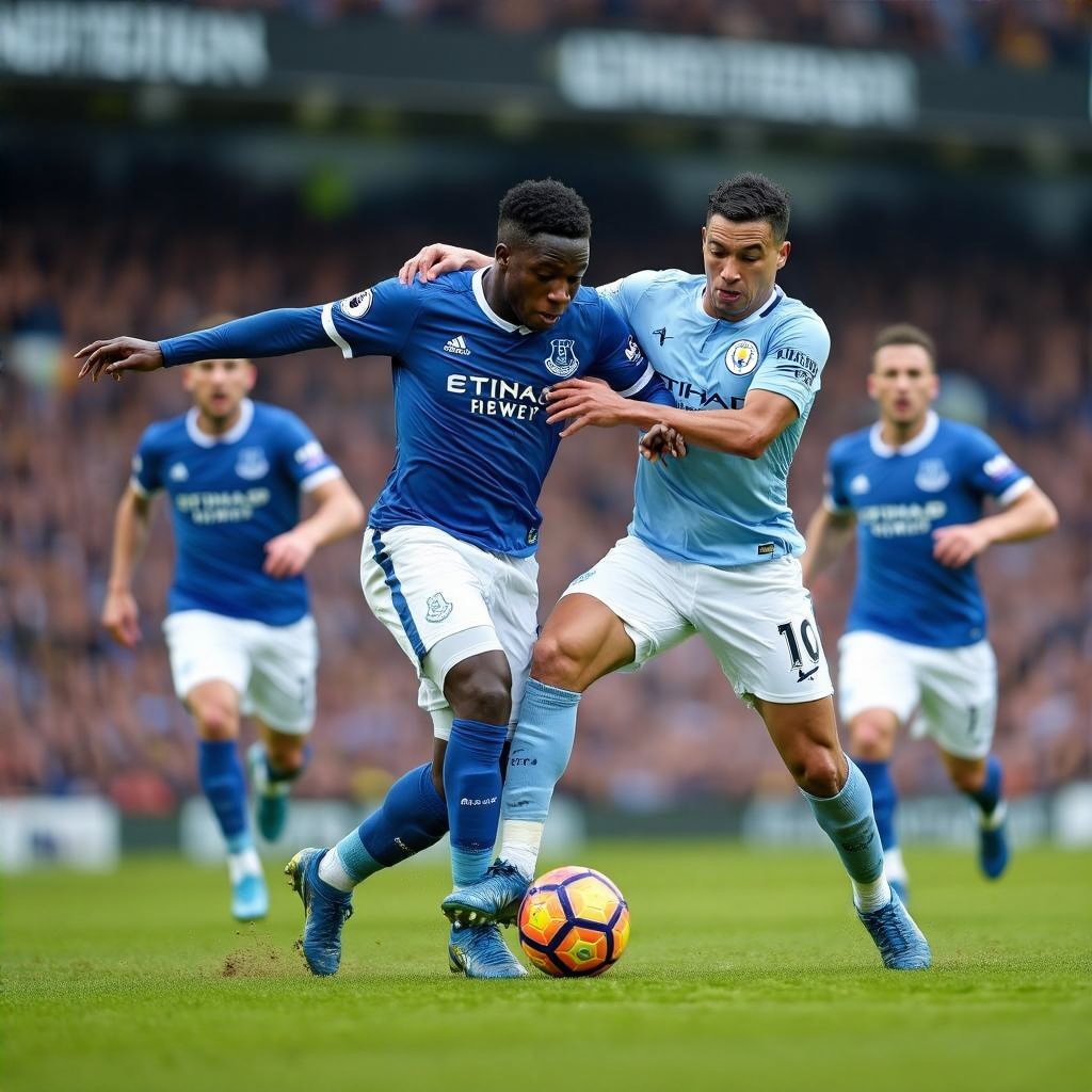Everton vs Man City match action. Players battling for the ball during the game.