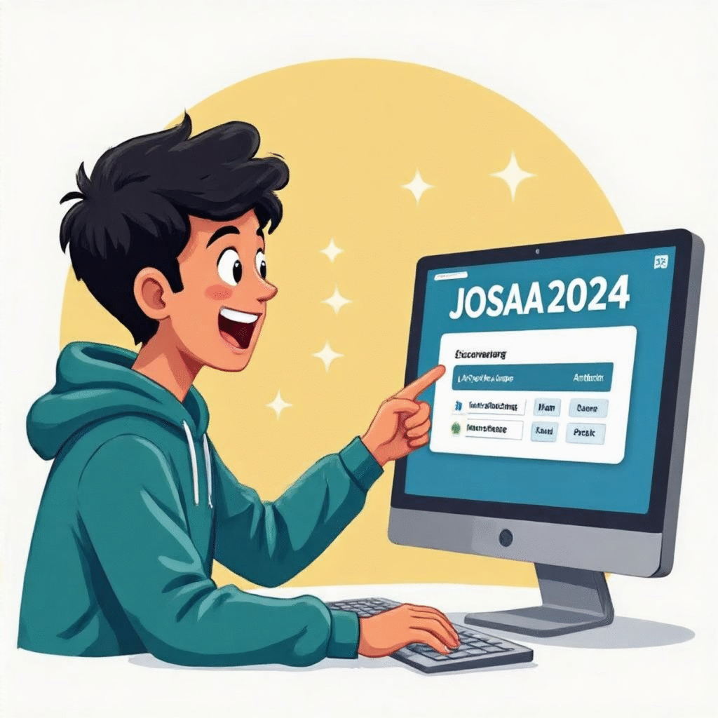 JOSAA counseling graphic: Student excitedly pointing at a computer screen showing seat allocation results.