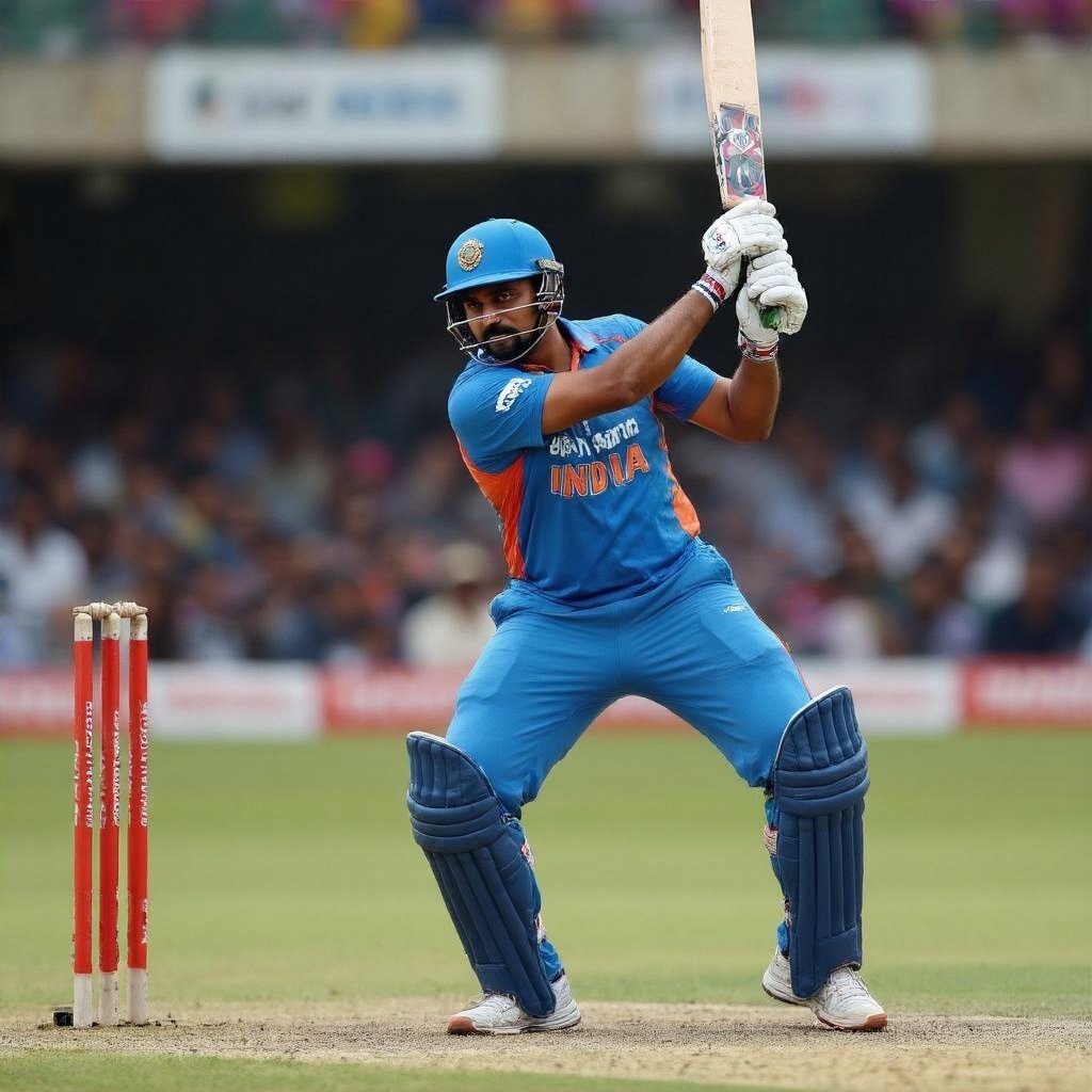 Manoj Bhandage in action, mid-swing, focused during a cricket match.