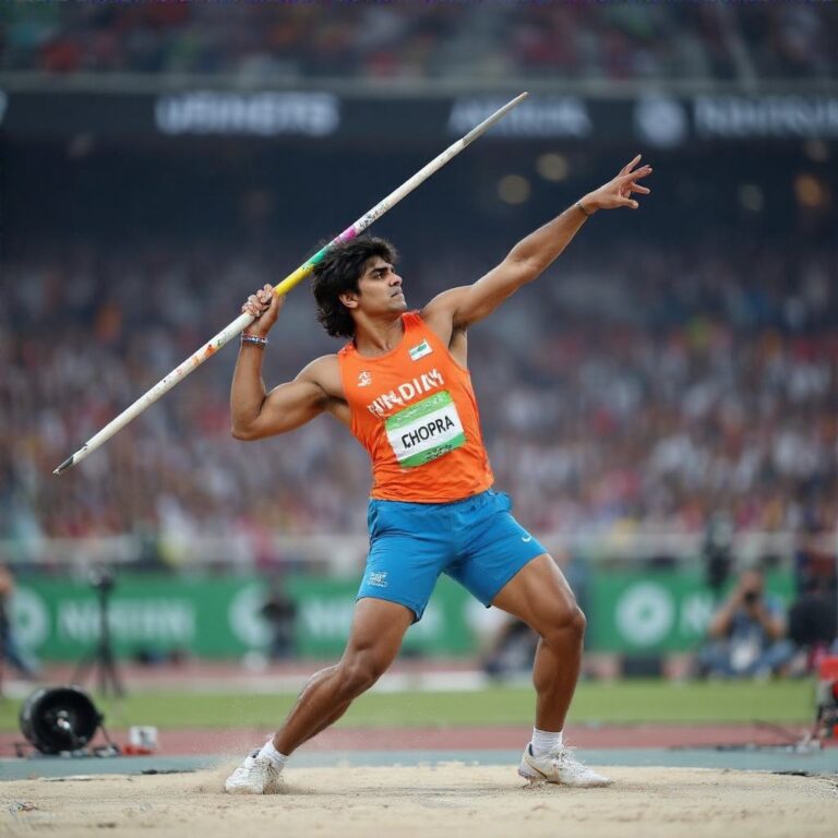 Neeraj Chopra throws the javelin, focused and determined, during a competition.