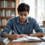 NEET 2025: A student intently studying medical textbooks at a desk.