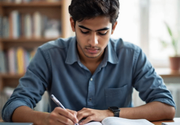 NEET 2025: A student intently studying medical textbooks at a desk.