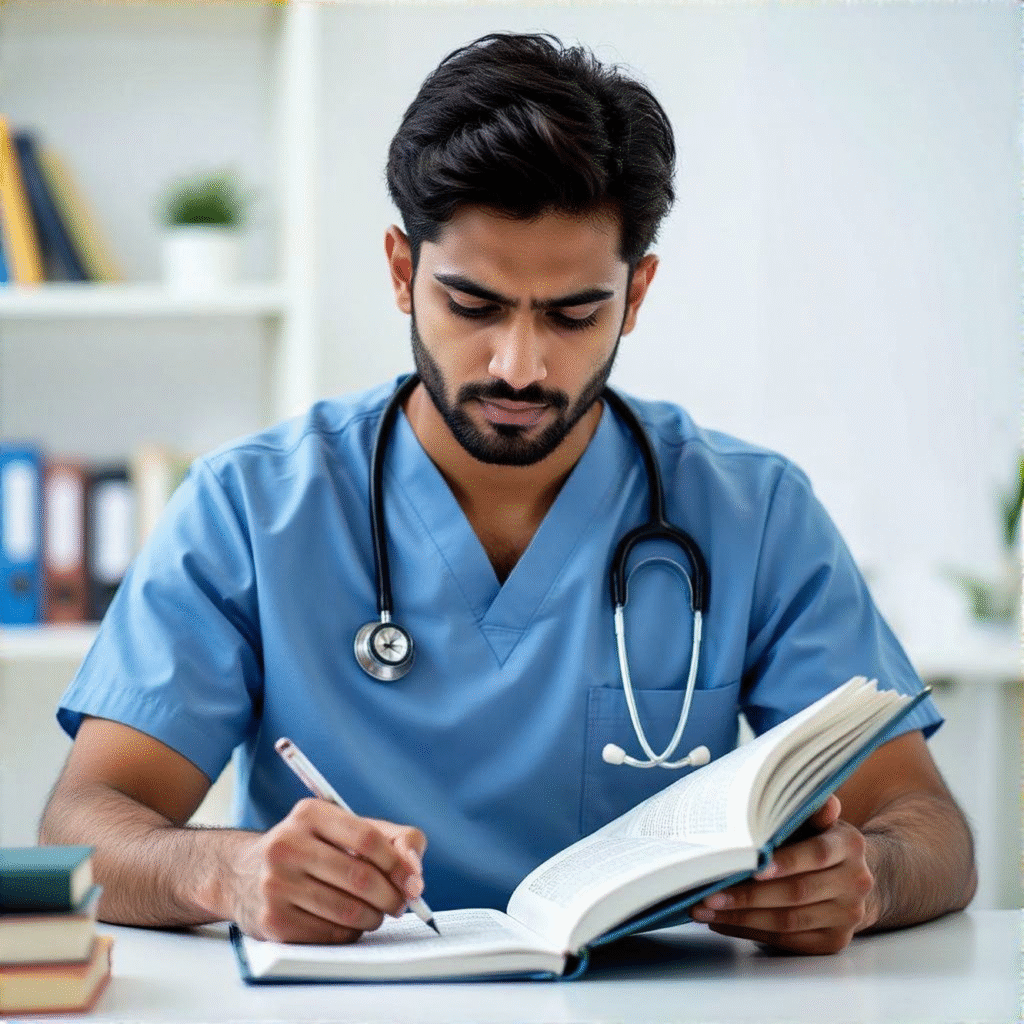 NEET PG 2025 exam prep: A doctor studying medical textbooks and notes.