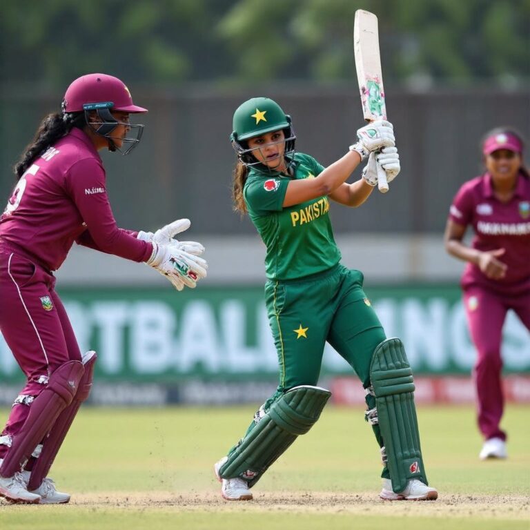 Action shot of Pakistan Women vs West Indies Women cricket match; players in action on the field.