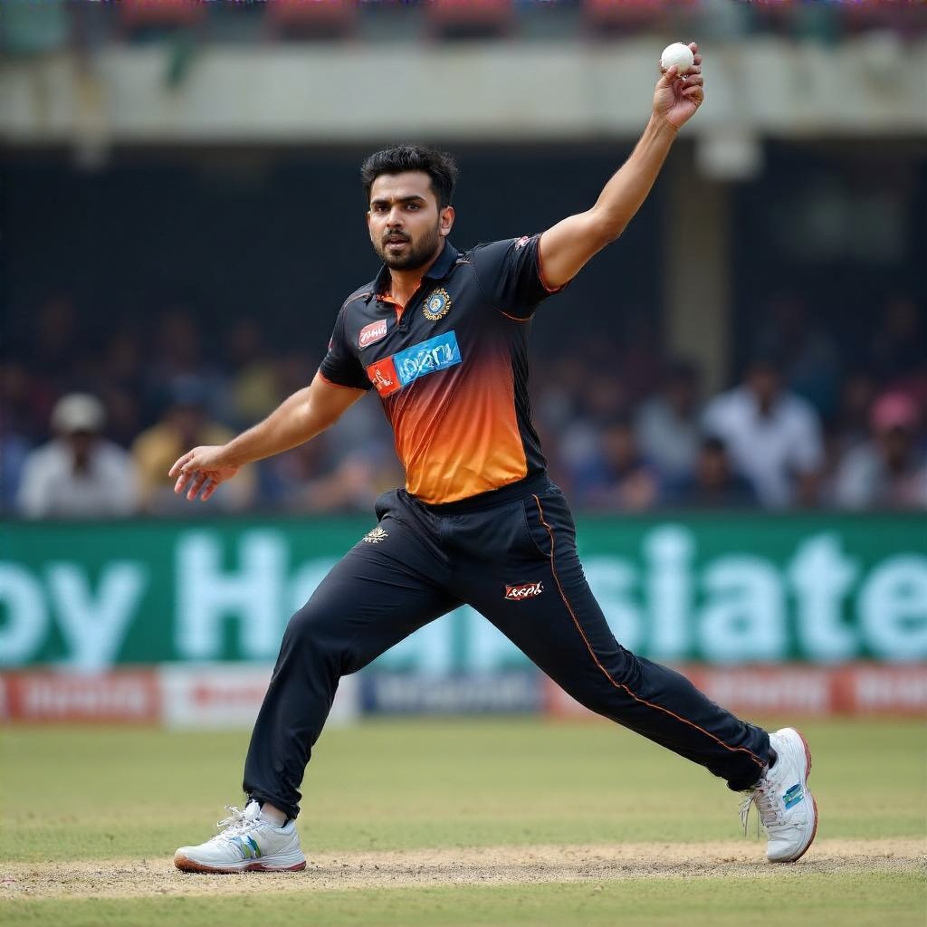 Rahul Chahar bowls, focused, in a Hyderabad cricket match. Action shot of the "Spin King" in play.