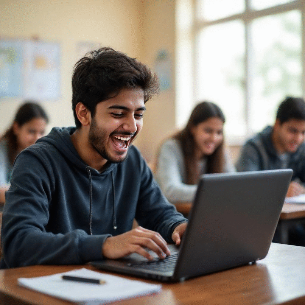 Student excitedly checking their UP Board Result 2025 check online on a laptop, symbolizing academic success.