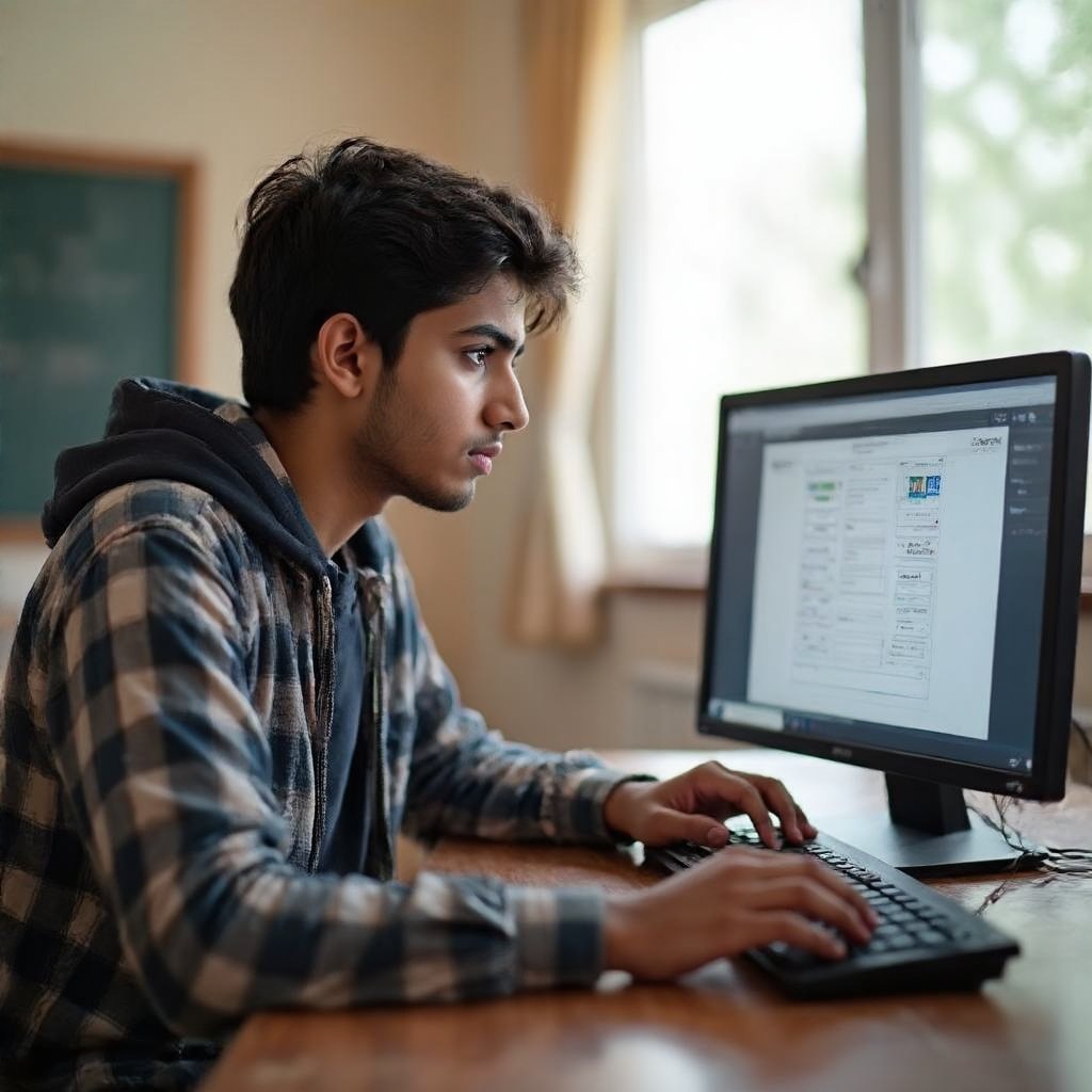 UP Board Result 2025: A student looking anxiously at their computer screen awaiting their UP board result 2025.