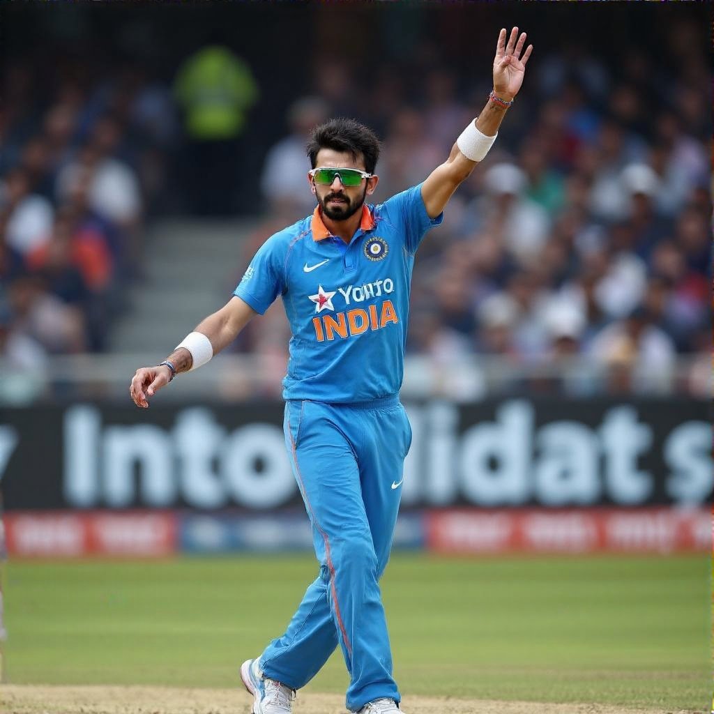 Yuzvendra Chahal bowls, focused, during a cricket match for India.